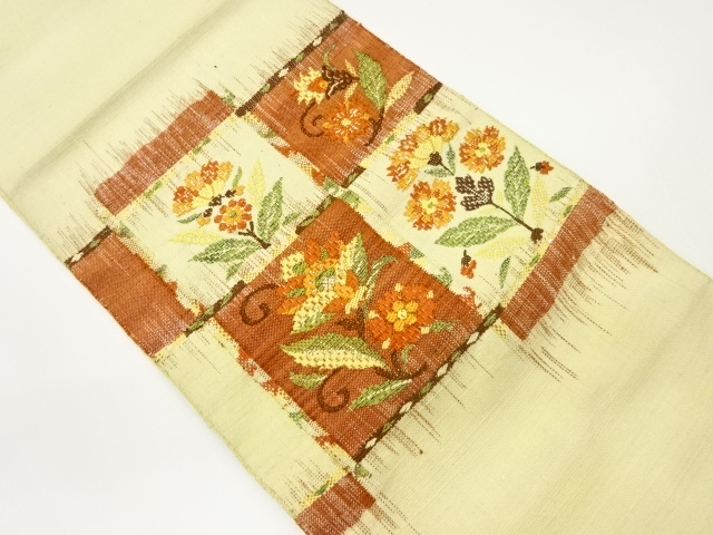 JAPANESE KIMONO / VINTAGE NAGOYA OBI / MAWATA TSUMUGI / WOVEN CHECKERED & FLORAL PLANTS